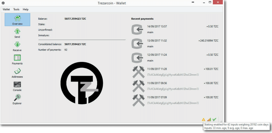 รายงานการถือครองกระเป๋าเงิน Trezarcoin