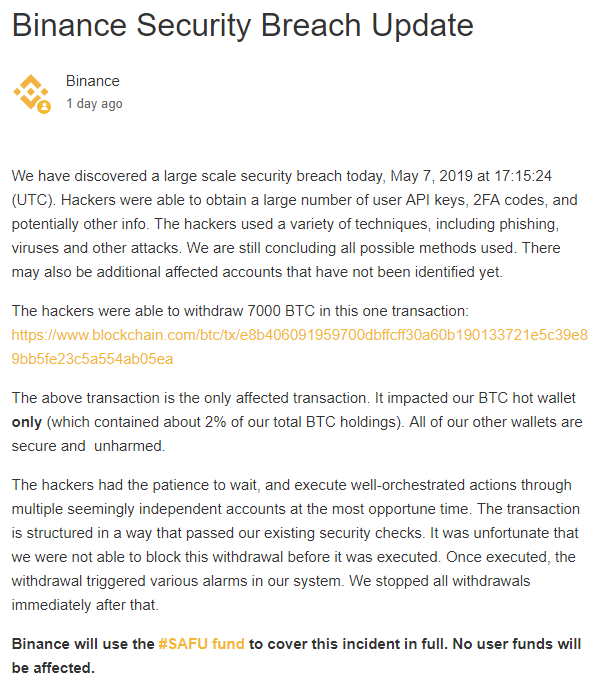 Binance uzlaušanas ziņojums